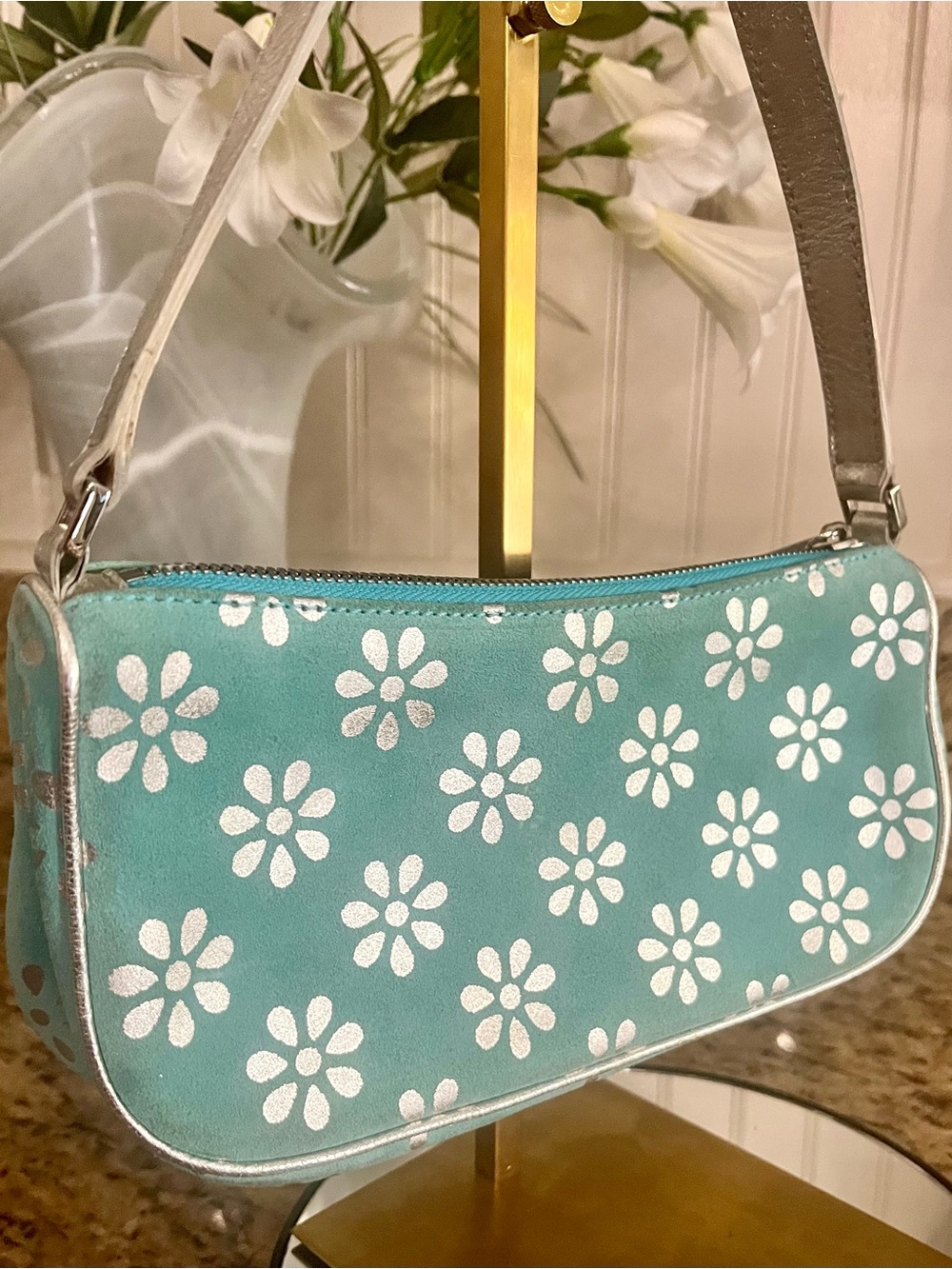 EUC Celine Suede accessory pouch green/silver
